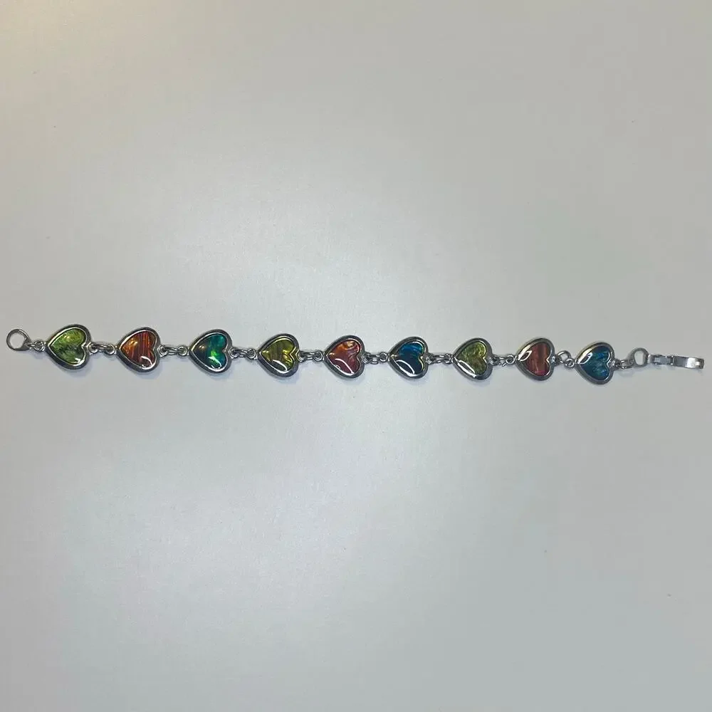 Multi Color Silver Tone Abalone Shell Heart Link Bracelet Vintage Y2K